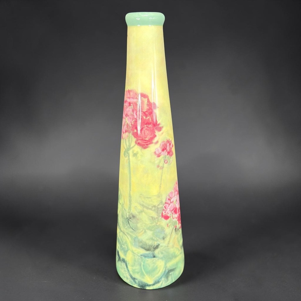 Carol Rowan Enesco 2003 Ceramic Bottle Vase Floral Impressionist Pink Yellow